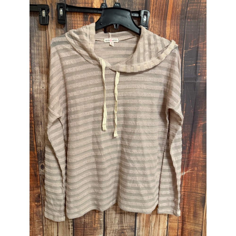 Wish & Whim Sheer Striped Hoodie Tan Cream Lightweight Pullover Large